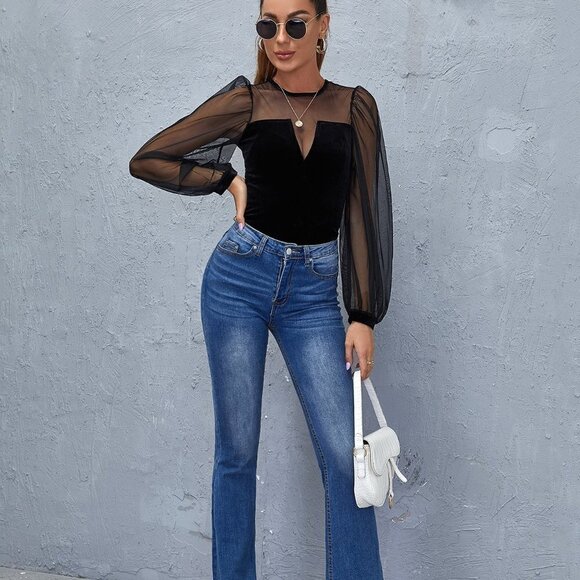 Black Preppy Womens Keyhole Back Mesh Lantern Sleeve Top - Picture 4 of 5